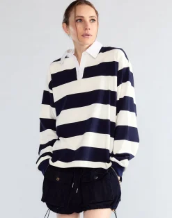 Discount Cynthia Rowley Ardie Striped Rugby Shirt NVYWHT