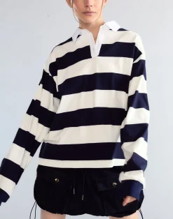 Discount Cynthia Rowley Ardie Striped Rugby Shirt NVYWHT