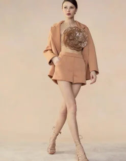 New Cynthia Rowley Bonded Pick Stitch Shorts Tan