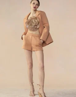 New Cynthia Rowley Bonded Pick Stitch Shorts Tan