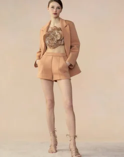 New Cynthia Rowley Bonded Pick Stitch Shorts Tan