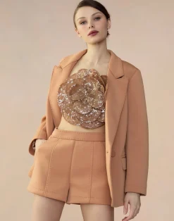 New Cynthia Rowley Bonded Pick Stitch Shorts Tan