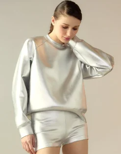 Fashion Cynthia Rowley Bonded Pullover Sweatshirt Silver