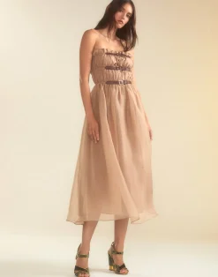 Fashion Cynthia Rowley Buckle Up Silk Organza Dress CAMEL