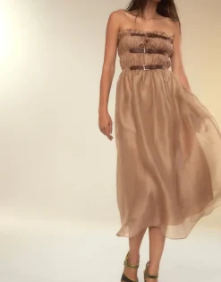 Fashion Cynthia Rowley Buckle Up Silk Organza Dress CAMEL