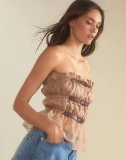 Clearance Cynthia Rowley Buckle Up Silk Organza Top CAMEL