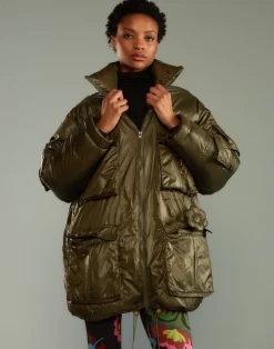 Sale Cynthia Rowley Cargo Pocket Puffer Coat GREEN