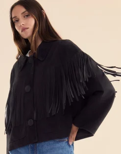 Best Cynthia Rowley Carrie Cropped Fringe Suede Jacket BLACK