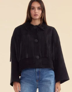 Best Cynthia Rowley Carrie Cropped Fringe Suede Jacket BLACK