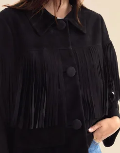 Best Cynthia Rowley Carrie Cropped Fringe Suede Jacket BLACK