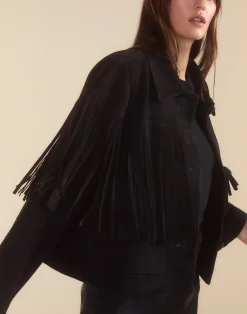Best Cynthia Rowley Carrie Cropped Fringe Suede Jacket BLACK