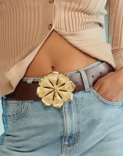 Discount Cynthia Rowley Gold Flower Buckle Belt Brown