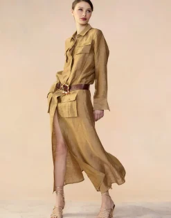 Online Cynthia Rowley Lagos Silk Linen Shirt Dress CAMEL