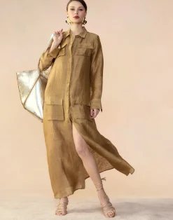 Online Cynthia Rowley Lagos Silk Linen Shirt Dress CAMEL