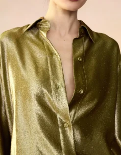 Sale Cynthia Rowley Liquid Gold Lamé Shirt GREEN