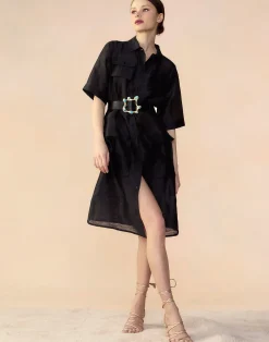 Discount Cynthia Rowley Lisbon Silk Linen Shirt Dress BLACK