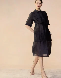 Discount Cynthia Rowley Lisbon Silk Linen Shirt Dress BLACK