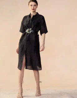Discount Cynthia Rowley Lisbon Silk Linen Shirt Dress BLACK