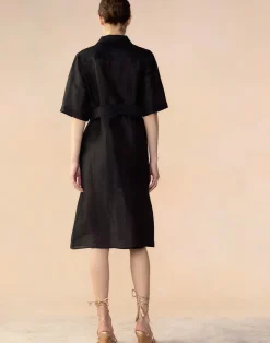 Discount Cynthia Rowley Lisbon Silk Linen Shirt Dress BLACK