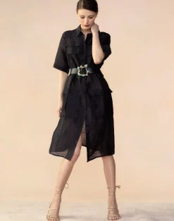 Discount Cynthia Rowley Lisbon Silk Linen Shirt Dress BLACK