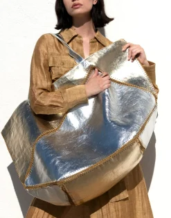 Outlet Cynthia Rowley Mixed Metallic Vegan Leather Oversized Tote GLDSV