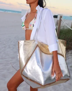 Outlet Cynthia Rowley Mixed Metallic Vegan Leather Oversized Tote GLDSV