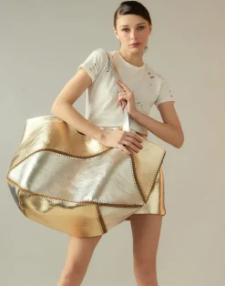 Outlet Cynthia Rowley Mixed Metallic Vegan Leather Oversized Tote GLDSV