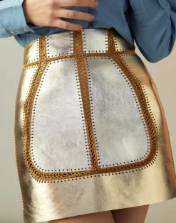Fashion Cynthia Rowley Mixed Metallic Vegan Leather Skirt GLDSV
