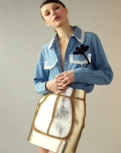 Fashion Cynthia Rowley Mixed Metallic Vegan Leather Skirt GLDSV