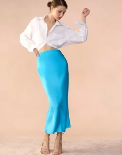 Hot Cynthia Rowley Sienna Silk Skirt BLUE