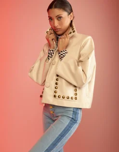 New Cynthia Rowley Studded Vegan Leather Jacket CREAM