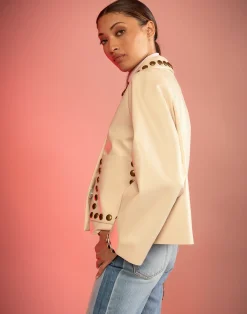 New Cynthia Rowley Studded Vegan Leather Jacket CREAM