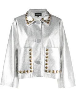 Fashion Cynthia Rowley Studded Vegan Leather Jacket Silver
