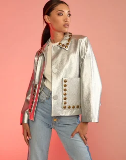 Fashion Cynthia Rowley Studded Vegan Leather Jacket Silver