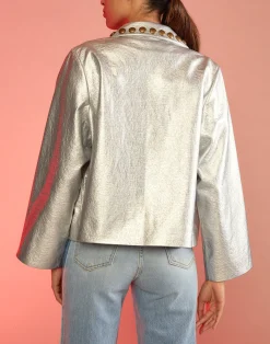 Fashion Cynthia Rowley Studded Vegan Leather Jacket Silver