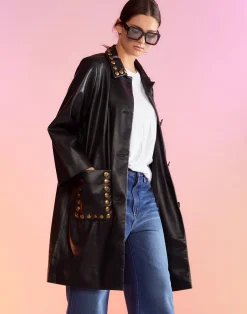 Discount Cynthia Rowley Vegan Studded Leather Coat BLACK