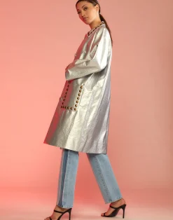 Hot Cynthia Rowley Vegan Studded Leather Coat Silver