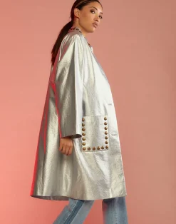 Hot Cynthia Rowley Vegan Studded Leather Coat Silver