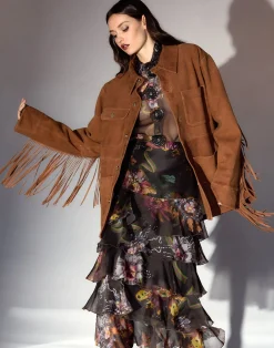 Outlet Cynthia Rowley Westward Fringe Suede Jacket BROWN